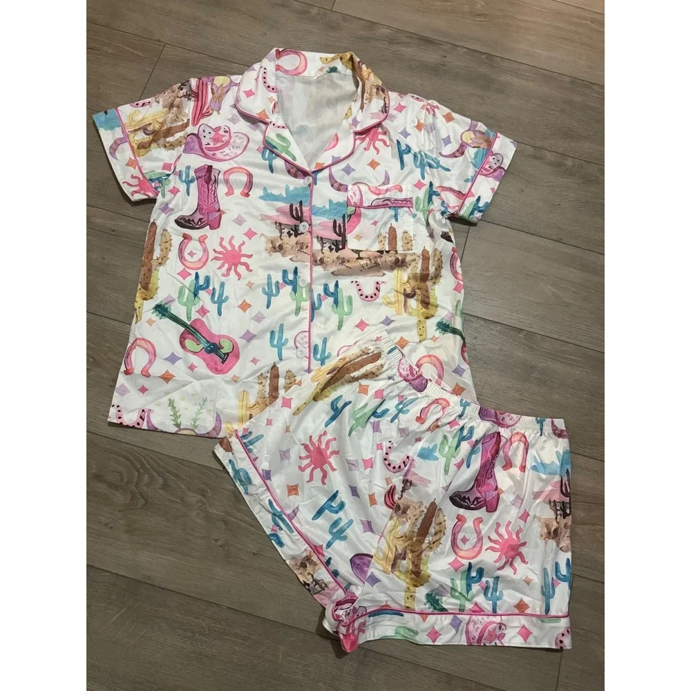 NIB Western Desert Pajama Set Short Sleeve Button Down Shorts Pastel Small
